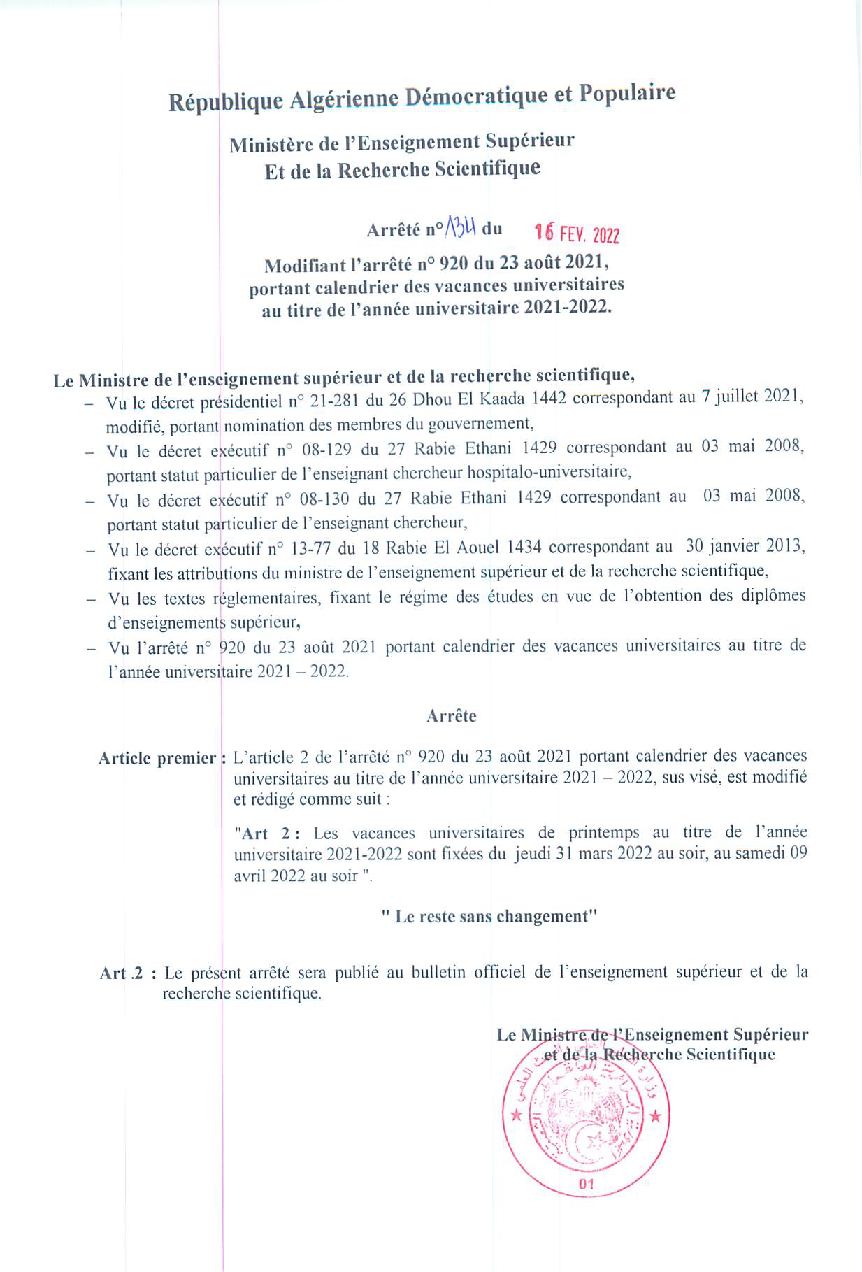 Arrété n°134 du 16 fvrier 2022 calendrier des vacances page 0002